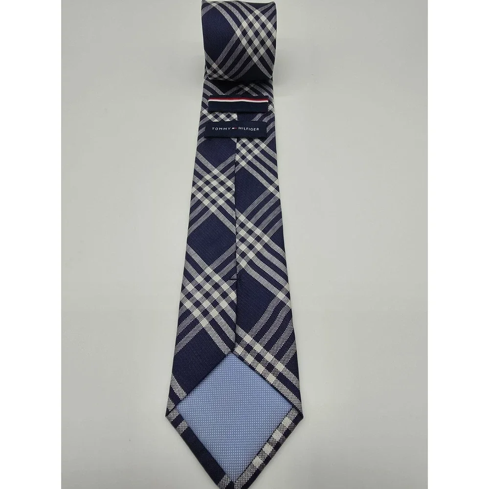 Tommy Hilfiger 100% Silk Necktie Blue White Plaid Tie 60